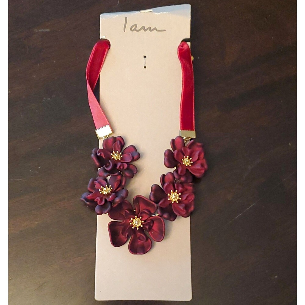 I am Red Floral Statement Bib Necklace, Ribbon/Plastic, Adjustable Lobster